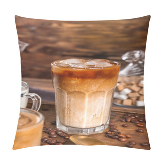 Personality  Glass Of Tasty Cold Coffee On Wooden Table Pillow Covers