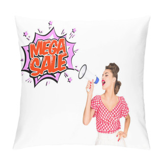 Personality  Portrait Of Fashionable Young Woman In Pin Up Style Clothing With Mega Sale Explode Out Of Loudspeaker Isolated On White Pillow Covers
