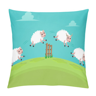Personality  A Flock Of White Sheep Jump Over A Fence. Editable Clip Art. Pillow Covers