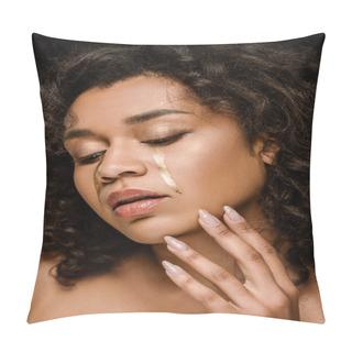 Personality  African American Woman With Golden Tears On Cheeks Touching Face Isolated On Black  Pillow Covers