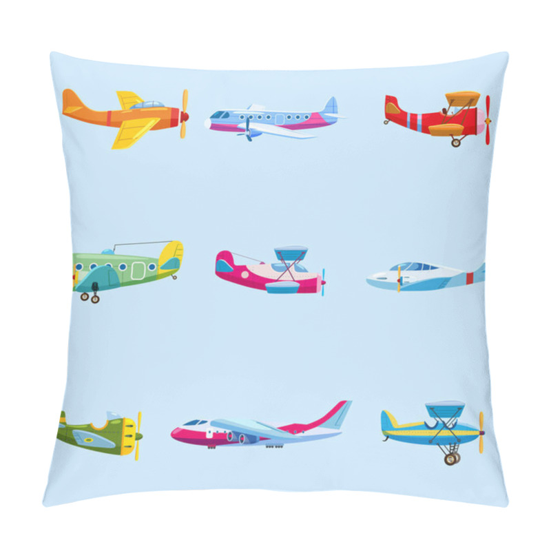 Personality  Set of airplanes aircraft different colour. Retro, personal, cargo, speed, biplane, monoplane. Vector isolated cartoon style pillow covers