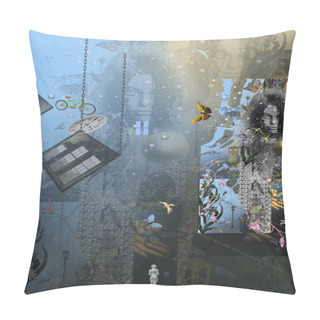 Personality  Mystery Woman With Dark Hair And A Hand Looking Forward Through Blue Mist Pillow Covers