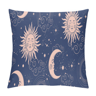 Personality  Seamless Cosmic Pattern With Sun And Crescent Moon, Vintage Background For Astrology And Tarot. Sun With Face And Stars On A Blue Background. Vector Illustration Pillow Covers