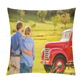 Personality  Senior Couple Hugging, Vintage Styled Red Car, Sunny Nature Pillow Covers