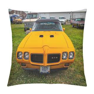 Personality  Des Moines, IA - July 01, 2022: High Perspective Front View Of A 1970 Pontiac GTO Convertible At A Local Car Show. Pillow Covers