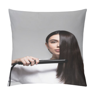 Personality  Young Brunette Woman Using Hair Straightener Isolated On Grey Pillow Covers
