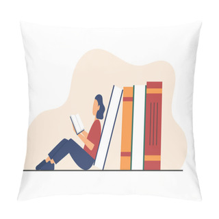 Personality  Woman Sitting On A Pile Of Books While Reading A Book. The Concept Of Reading Books In The Library On Campus. Pillow Covers