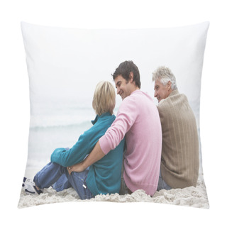 Personality  Grandfather, Father And Grandson Sitting On Winter Beach Pillow Covers