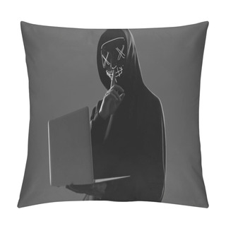 Personality  Anonymous Man In A Black Hoodie And Neon Mask Hacking Into A Com Pillow Covers