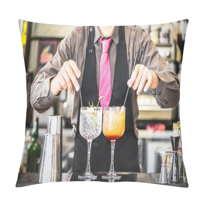 Personality  Classic Bartender Serving Gin Tonic And Tequila Sunrise With Straw On Drink Glasses Cups At Fashion Cocktail Bar - Food And Beverage Concept With Professional Barman Working At Mixology Restaurant Pillow Covers