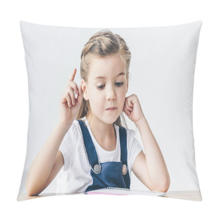 Personality  Creative Little Schoolgirl Having Idea During Drawing Isolated On White Pillow Covers