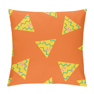 Personality Memphis Style Triangle Abstract Vector Seamless Pattern Background. Orange Yellow Backdrop With Textured Triangles.Hand Drawn Iconic Art Shapes. Funky Scribble All Over Print For Summer Beach Pillow Covers