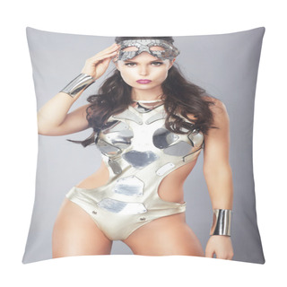 Personality  Splendor. Ultramodern Woman With Metallic Mask In Trendy Costume Pillow Covers