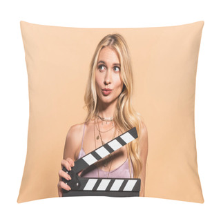 Personality  Blonde Woman In Violet Satin Dress With Movie Clapper Board Looking Away On Beige Background Pillow Covers