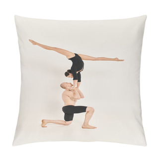 Personality  Woman In Black Performs Handstand In Perfect Synchrony, Showcasing Their Balance And Strength On A White Studio Background. Pillow Covers