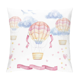 Personality  Watercolor Baby Clip Art. Colorful Air Balloons Flying In Sky, Clouds, Ribbons; Hearts; Birds. Kids Prints. Nursery Wall Art. Pillow Covers