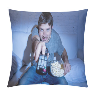 Personality  Man At Home Lying On Couch At Living Room Watching Tv Eating Popcorn Bowl Using Remote Control Pillow Covers