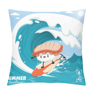 Personality  Vintage Sushi Poster Design With Vector Sushi Surfer. Chinese Word Means Sushi. Pillow Covers