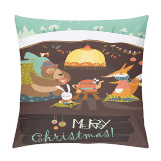 Personality  Cute Bear With Rabbit And Fox Celebrating Christmas In His Den Pillow Covers