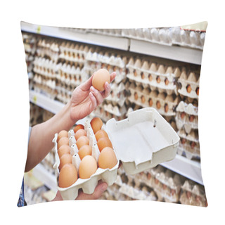 Personality  In Hands Of Woman Packing Eggs In Supermarket Pillow Covers