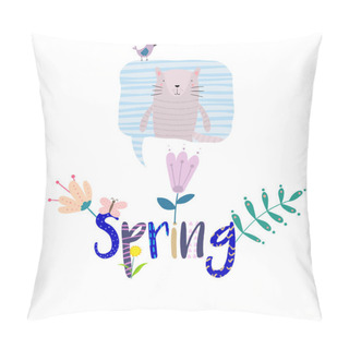 Personality  Hand Drawn Illustration Of A Cute Little Cat In A Bubble, Falling Flowers, Quote Spring. Isolated Objects On White Background. Flat Style Design. Concept For Change Of Seasons, Kids Print Pillow Covers