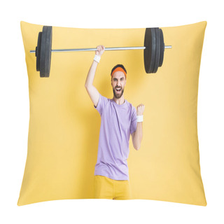 Personality  Excited Sportsman Celebrating While Working Out With Barbell On Yellow Pillow Covers