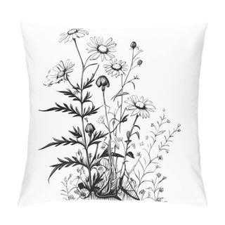 Personality  Wild Chamomile Flowers Hand Drawn Sketch Engraving Style Vector Illustration. Pillow Covers