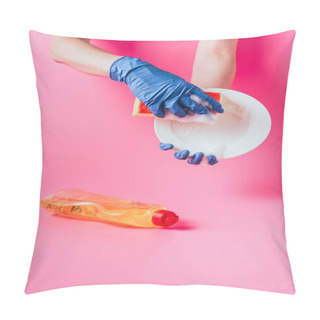 Personality  Cropped Image Of Female Cleaner In Rubber Glove Washing Plate Near Dishwashing Liquid, Pink Background  Pillow Covers
