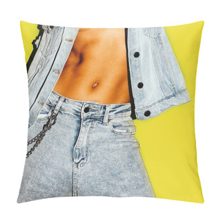 Personality  Tanned Model In Jeans Outfit. Stylish Denim Pillow Covers