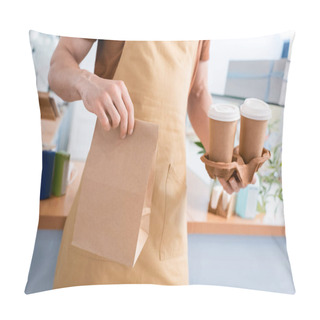 Personality  Cropped View Of Seller Holding Coffee To Go And Paper Bag In Confectionery  Pillow Covers