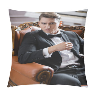 Personality  Portrait Of Elegant Man In Suit Looking At Camera While Sitting On Leather Armchair At Home  Pillow Covers