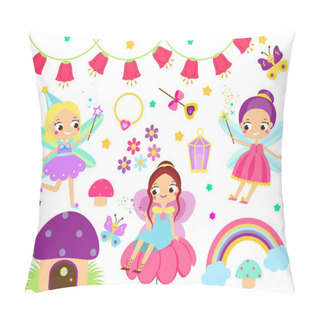 Personality  Cute Fairy Set. Collection Of Cartoon Fairy Tale Design Elements. Elf, Flowers, Mushrooms And Other Clip Art For Children Girls Design Pillow Covers