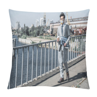Personality  Asian Businessman In Protective Mask Walking On Bridge With Coffee In Paper Cup, Air Pollution Concept Pillow Covers