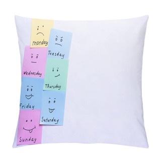 Personality  Top View Of Cards With Day Names And Smileys With Various Emotions On White Background Pillow Covers