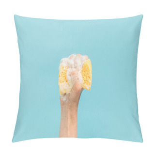 Personality  Cropped View Of Hand Holding Washing Sponge With Foam, Isolated On Blue Pillow Covers