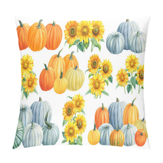 Personality  Autumn Pumpkins And Sunflowers On A White Isolated Background. Watercolor Clipart. Pillow Covers