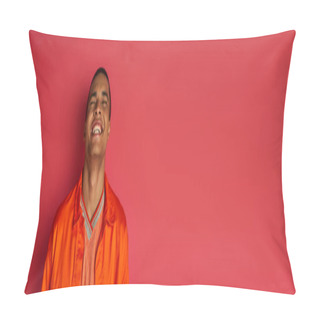 Personality  Excited African American Guy Laughing With Closed Eyes On Red, Orange Shirt, Banner, Copy Space Pillow Covers
