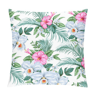 Personality  Seamless Tropical Background With White Orchids And Palm Leaves Pillow Covers