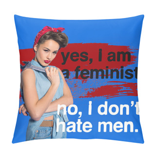 Personality  Fashionable Young Woman In Pin Up Style Clothing With Wrench And Feminism Quote Pillow Covers