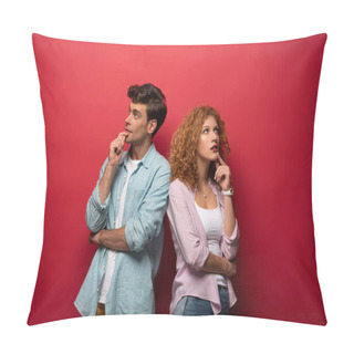 Personality  Beautiful Pensive Couple Thinking And Looking Up, Isolated On Red Pillow Covers