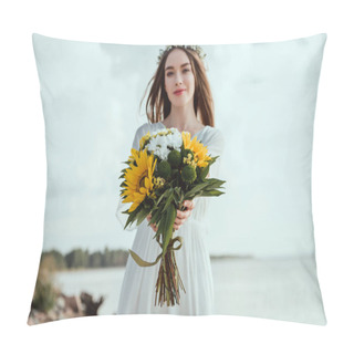 Personality  Beautiful Elegant Girl Holding Bouquet With Yellow Sunflowers  Pillow Covers