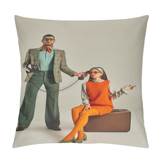 Personality  Trendy Man Holding Rotary Phone Near Woman Sitting On Vintage Suitcase On Grey, Retro Lifestyle Pillow Covers