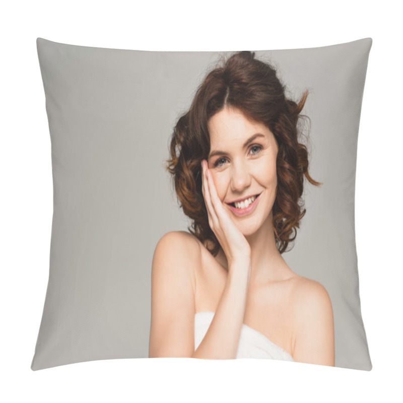 Personality  Joyful And Curly Woman Wrapped In Towel Smiling Isolated On Grey Pillow Covers