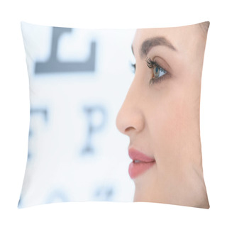 Personality  Profile Of Beautiful Woman With Eye Test In Optics Pillow Covers