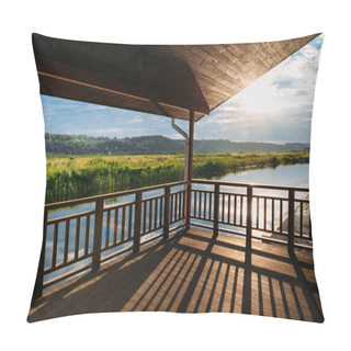 Personality  View Of Scenic Sunset Over River From Wooden Terrace Pillow Covers