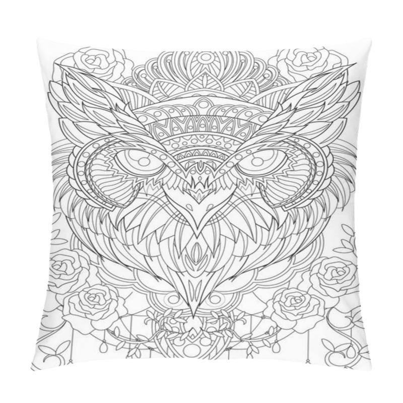 Personality  Close Up Owl Head With Crown Surrounding Rose Flowers Vines Colorless Line Drawing. Nightowl With Tiara Surrounded With Flower Facing Forward Coloring Book Page. pillow covers