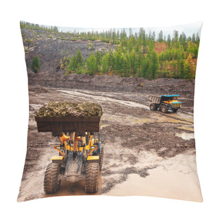 Personality   Front Loader In Standby Mode Of A Haul Truck. Earthworks In Mountainous Areas. Pillow Covers