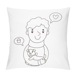 Personality  Cute Hand Drawn Illustration Of A Boy With A Puppy, Coloring Book, Poster, Vector. Pillow Covers