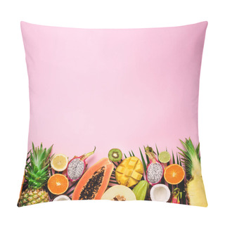 Personality  Exotic Fruits And Tropical Palm Leaves On Pastel Pink Background - Papaya, Mango, Pineapple, Banana, Carambola, Dragon Fruit, Kiwi, Lemon, Orange, Melon, Coconut, Lime. Top View. Pillow Covers