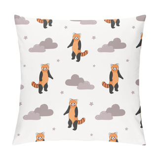 Personality  Seamless Pattern Of Cute Red Panda, Clouds And Stars. Cartoon Design Animal Character Flat Vector Style. Baby Texture For Fabric, Wrapping, Textile, Wallpaper, Clothing. Pillow Covers
